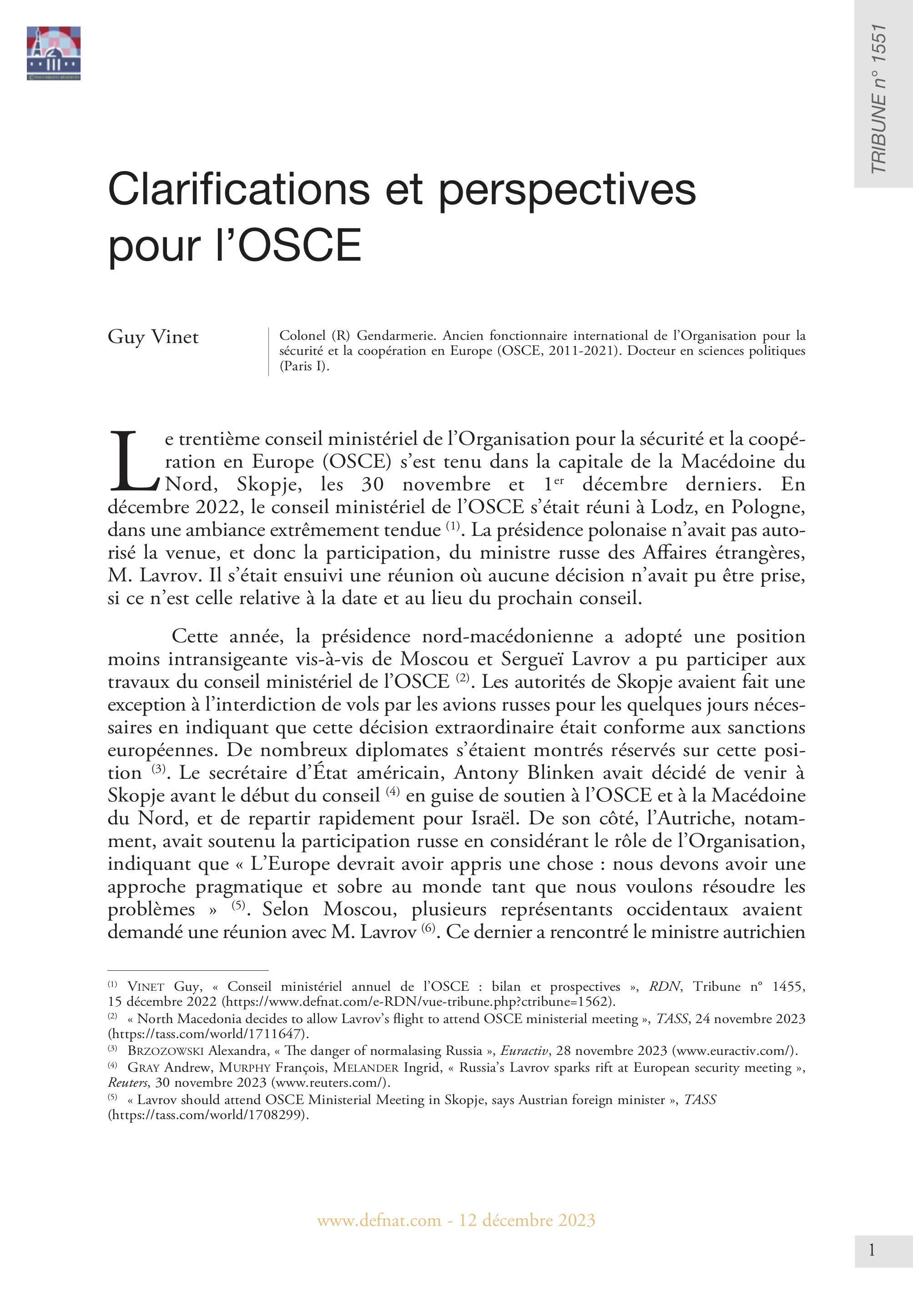 Clarifications et perspectives pour l’OSCE (T 1551)
